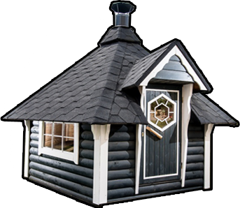 Kota BBQ grill hut log cabin with a black shingle roof and chimney