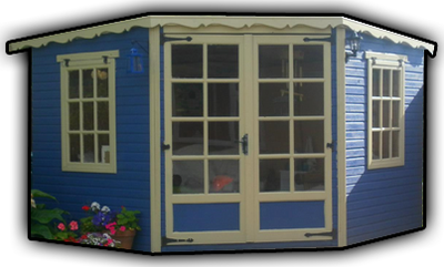 Five-sided Bostonian corner summer house painted blue with cream Georgian double doors
