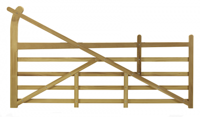 Blenheim 5 bar entrance gate with tall curved hanging stile
