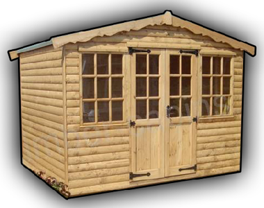Lincoln summer house in loglap cladding with half-glazed double doors and Georgian windows